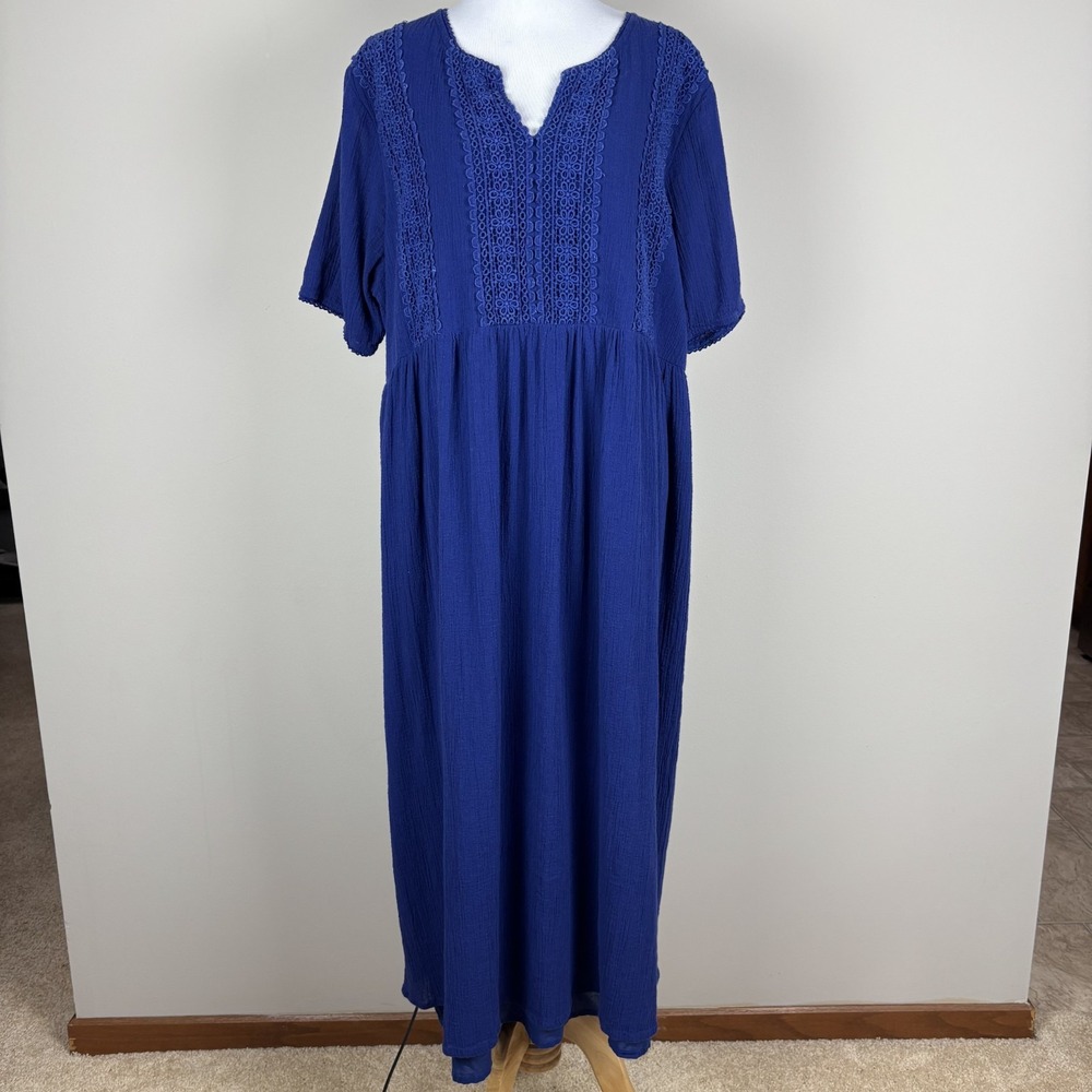Ulla Popken Midi Dress Womens 16/18 Blue‎ Gauze 100% Cotton Crochet Lace A-Line